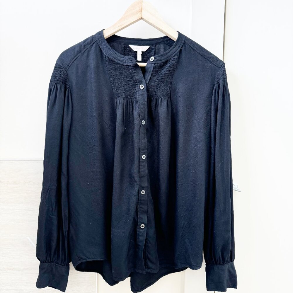 Rebecca Taylor Black Smocked Modern Peasant Blouse Large Long Sleeve